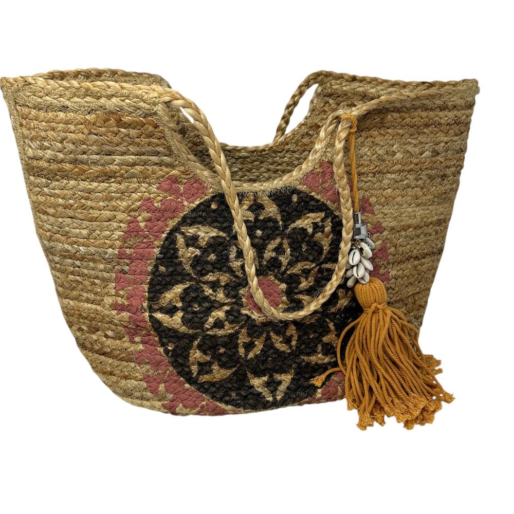 Antik Kraft Jute Woven Black and Pink Painted Satchel Shoulder Bag Tassle Shells